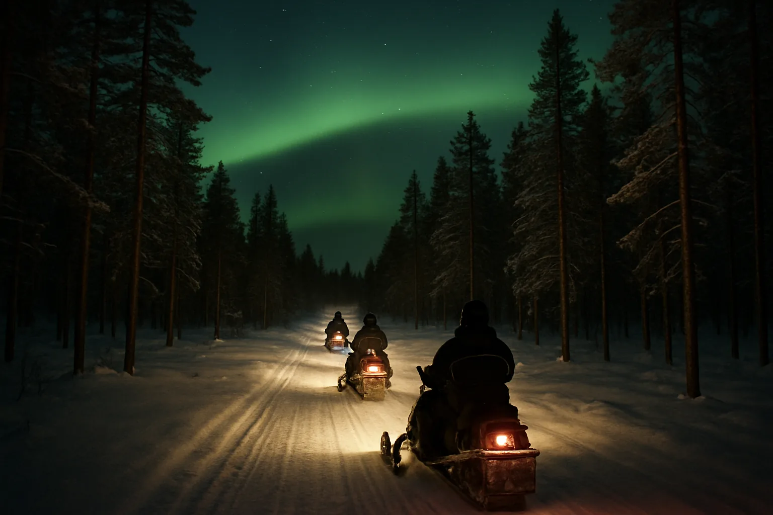 Convoi de trois motoneiges roulant de nuit sur une piste forestière enneigée sous une aurore boréale